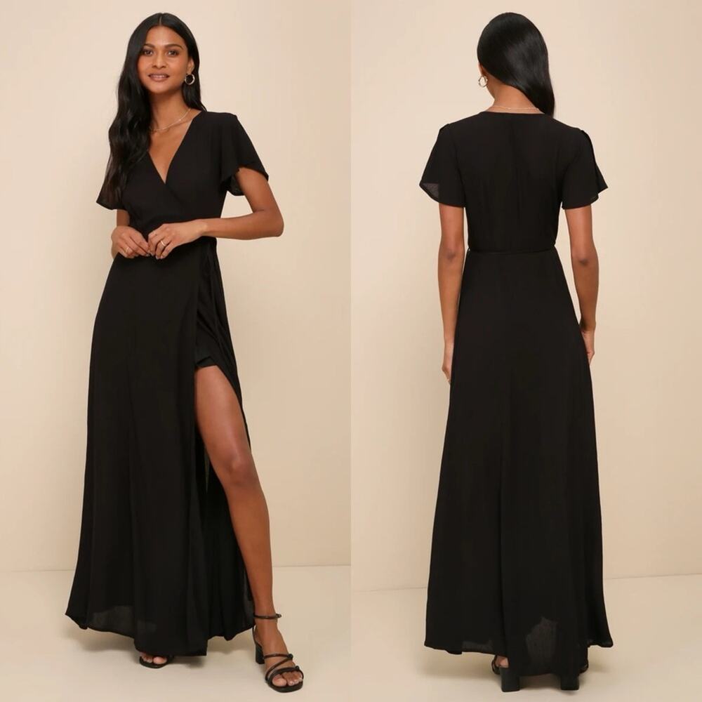 NWT Lulus Heart Of Marigold Wrap Maxi Dress in Black sz XS